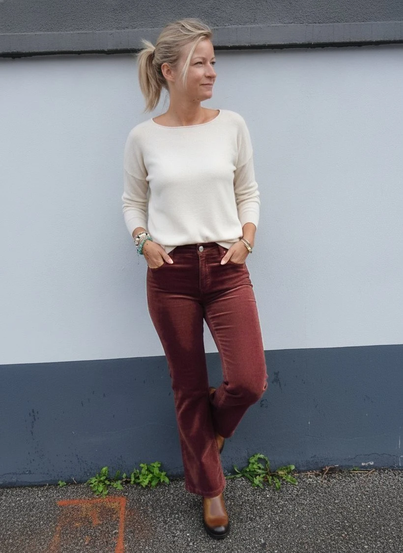 Laurie en pantalon Bibette velours bordeaux et pull écru, adossée au mur de la boutique