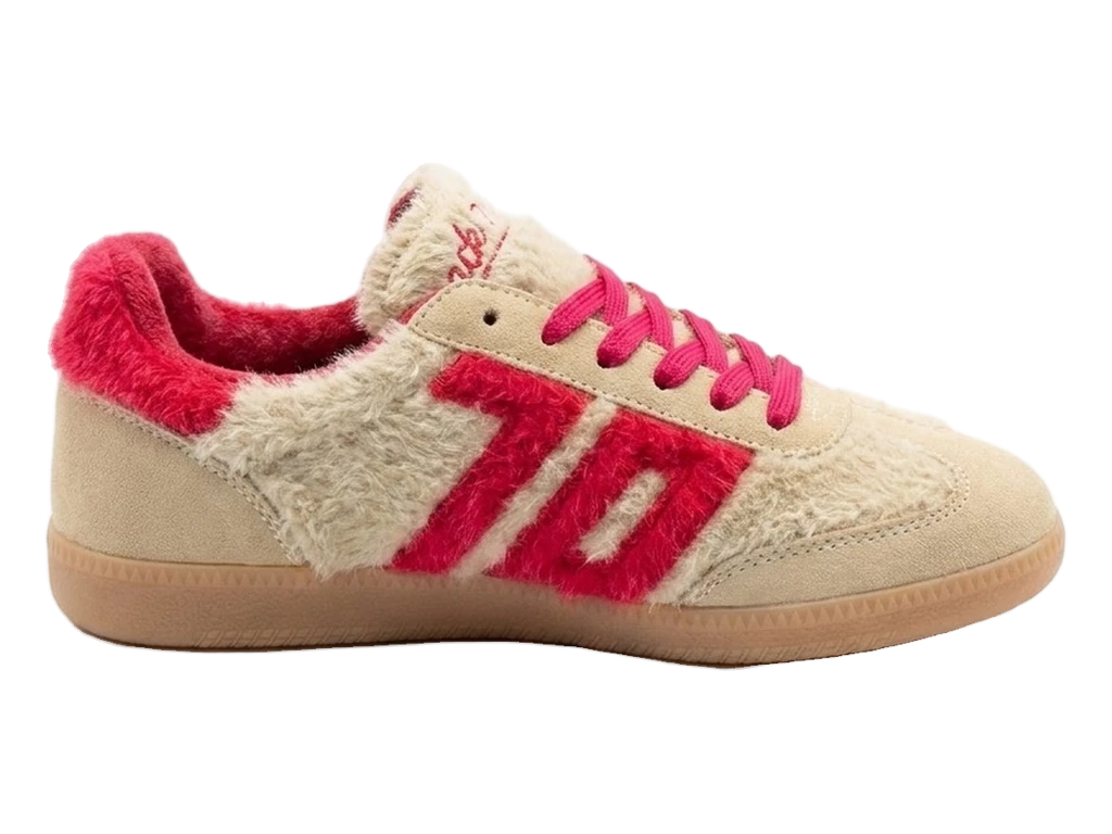 Basket Back 70 en fourrure crème, grand 70 fuchsia et col fourré