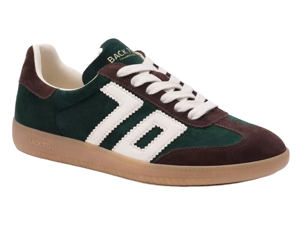 Basket Back 70 Cloud, daim vert sapin, talon brun et grand 70 blanc