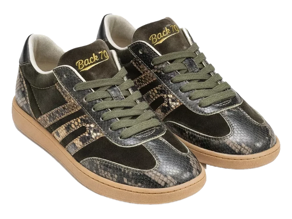 Paire de baskets Back 70 Cloud, velours vert forêt et cuir effet python, logo doré