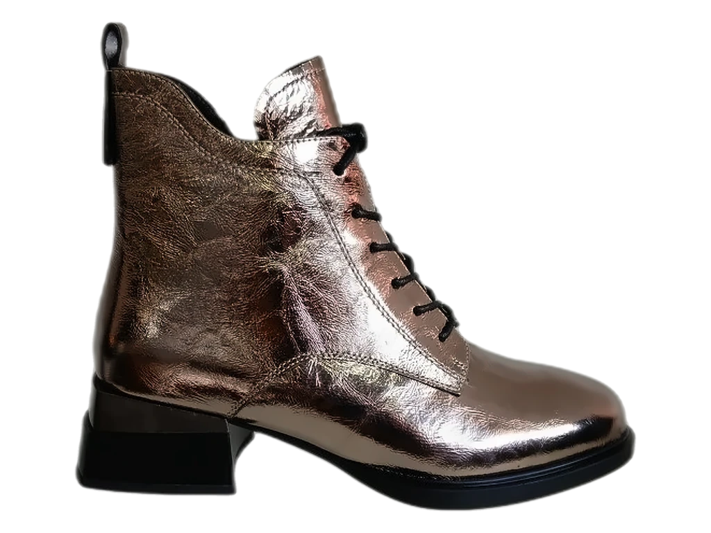 Bottine Bairong en cuir métallisé plomb, lacets noirs et talon bloc